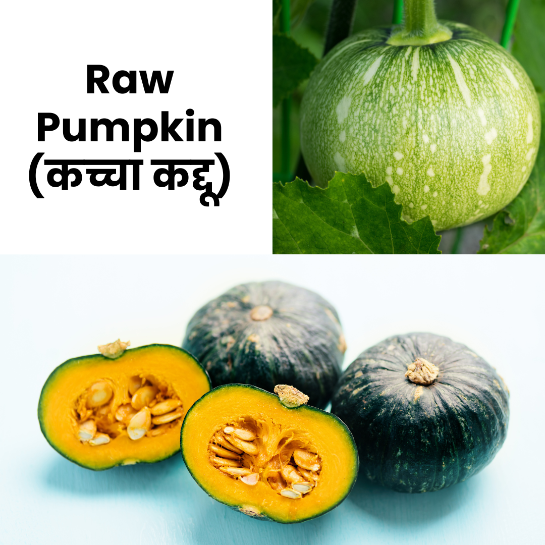 Raw pumpkin with a green exterior and orange interior, cut in half, on a white background.