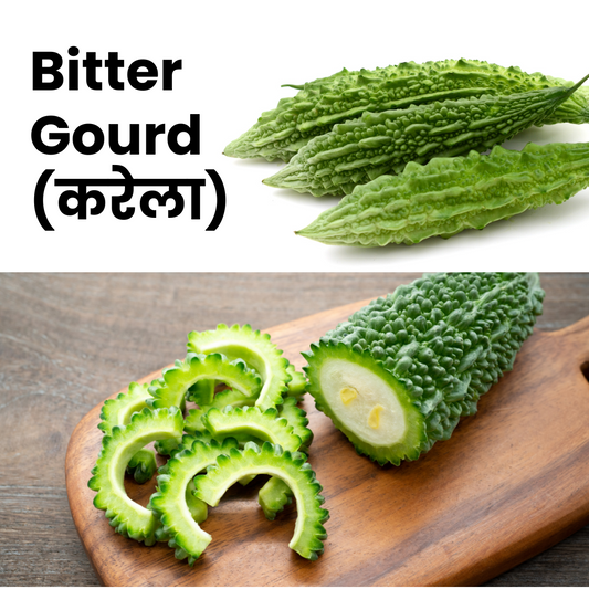 Bitter gourd on a wooden board with text indicating the name in English and another language.