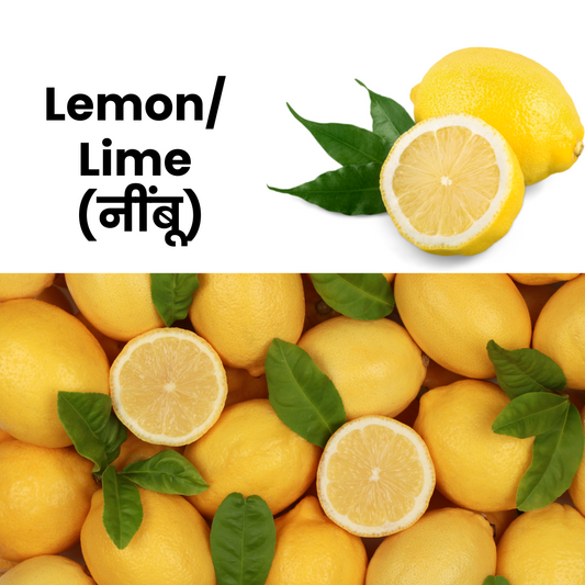 Lemons with green leaves on a white background, labeled 'Lemon/Lime' with text in a non-Latin script.