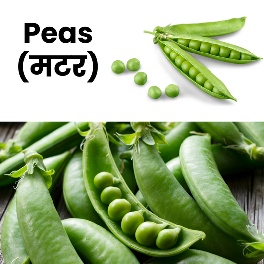 Green peas in pods and scattered on a white background with text.