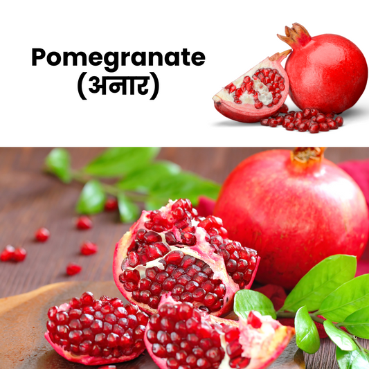 Pomegranate with text and close-up on a wooden surface