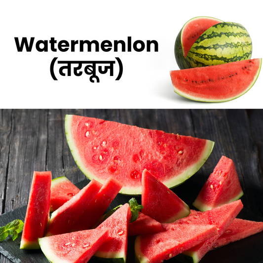 Watermelon with slices on a dark surface and text indicating 'Watermenlon' in English and another language.